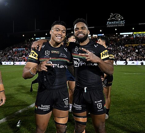 Sunia Turuva and Brian To'o after Penrith's opening finals defeat of Sydney Roosters.