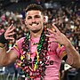 Nathan Cleary celebrates the Panthers’ fourth straight title. (Photo by Cameron Spencer/Getty Images)