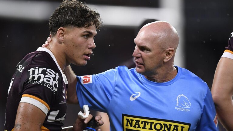 Broncos legend and trainer Allan Langer with Reece Walsh. Picture NRL