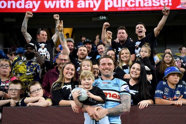 Jayden Berrell celebrates his NRL debut with the Sharks against the Cowboys. Photo: NRL