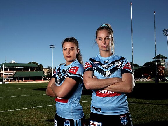 Jessica Sergis and captain Kezie Apps at the NSW Women's Blues captain's run at North Sydney oval ahead of tomorrow's State of Origin match against Queensland. Picture. Phil Hillyard