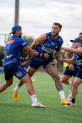 Primed and ready for a big 2025, Bronson Xerri bursts through the defence at training after getting a ball away.