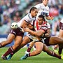 Siua Taukei’aho offloads for the Roosters against Manly in 2018