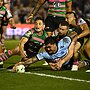 Andrew Fifita scores for the Sharks in his last season of NRL (2022). Photos: NRL