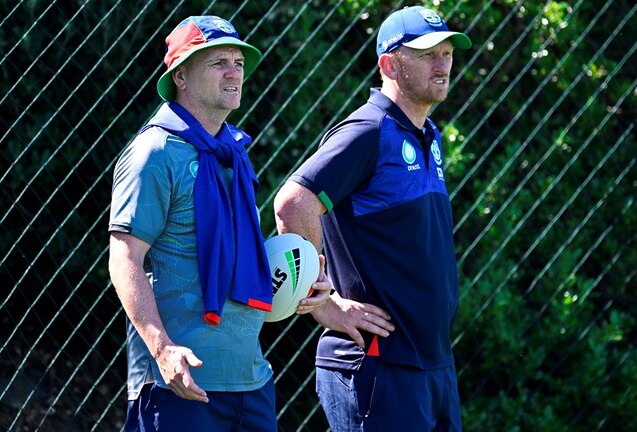 Richard Agar and Andrew Webster keeping a keen eye on Warriors training in 2024.