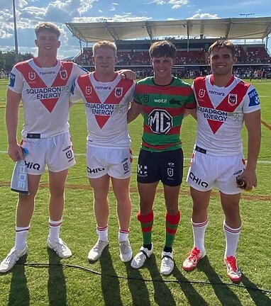 Gerringong juniors Hamish Stewart, Dylan Egan, Ashton Ward & Hayden Buchanan get together following the Dragons' Charity Shield victory (via @gerringonglions).