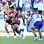 Jeral Skelton runs the ball in his first match in Wests Tigers colours