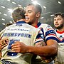 Picture by Allan McKenzie/SWpix.com - 15/02/2025 - Rugby League - Betfred Super League Round 1 - Leeds Rhinos v Wakefield Trinity - AMT Headingley, Leeds, England - Wakefield's Tom Johnstone & Corey Hall celebrate victory over Leeds.