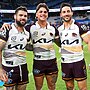 Veteran Broncos halves Adam Reynolds and Ben Hunt with star fullback Reece Walsh after their first match together.