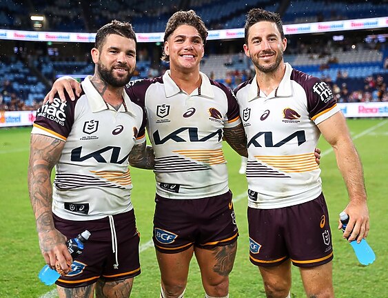 Veteran Broncos halves Adam Reynolds and Ben Hunt with star fullback Reece Walsh after their first match together.