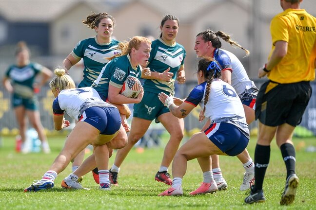 Ravens star Petra Woods in action for the Ontario Ospreys against LA Roosters in the 2025 NRL Vegas Nines.