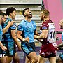 Hull FC's Jordan Rapana celebrates Lewis Martin's try against Wigan Warriors