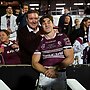 Jamie Humphreys with proud father Stephen after making his NRL debut for Manly in 2024.