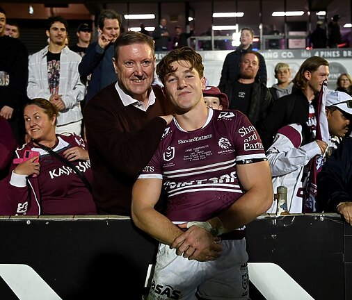 Jamie Humphreys with proud father Stephen after making his NRL debut for Manly in 2024.