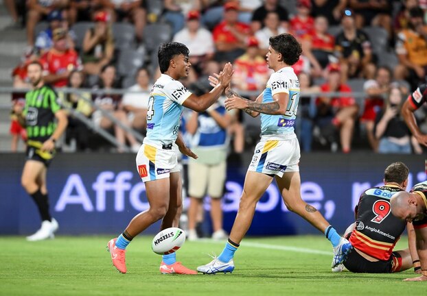 Keano Kini and Jayden Campbell celebrate during the Pre-Season Challenge.