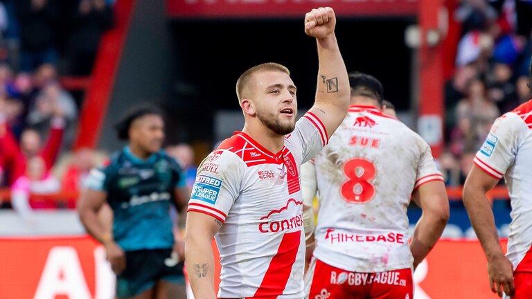 Picture by Allan McKenzie/SWpix.com - 23/03/2025 - Rugby League - Betfred Super League Round 5 - Hull KR v Leigh Leopards - Sewell Group Craven Park, Hull, England - Hull KR's Mikey Lewis celebrates victory over Leigh.