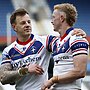 Tom Johnstone (left) and Lachlan Walmsley celebrate Wakefield Trinity's Challenge Cup victory over Huddersfield