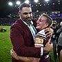 Ali Brigginshaw is congratulated by Maroons assistant coach Greg Inglis after leading Queensland to an 18-14 win in Origin III.