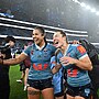 Tiana Penitani Gray and Emma Verran celebrate after clinching the 2025 Origins series.