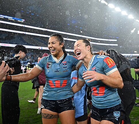 Tiana Penitani Gray and Emma Verran celebrate after clinching the 2025 Origins series.