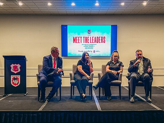 Female Pathways Manager Michelle Anderson, Lisa Fiaola Cup Head Coach Renee Targett & Tarsha Gale Cup Head Coach Sam Saadat chat to emcee Tim Gilbert.