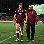 Tom Gilbert comes from the field in Game One of the 2023 Origin series with a season-ending shoulder injury.