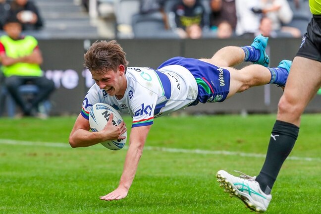 One New Zealand Warriors halfback Jack Thompson scoring one of his two tries in last year's Harold Matthews Cup grand final.