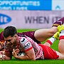Ben McNamara scores Leigh's second try under pressure from Huddersfield's Adam Swift