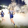Luke Metcalf runs out for the Warriors in the Round 9 Magic Round game against the Cowboys.