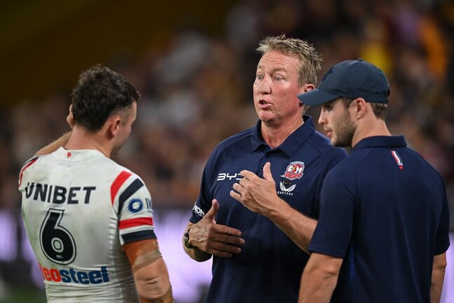 Sandon Smith and Sam Walker with Roosters coach Trent Robinson