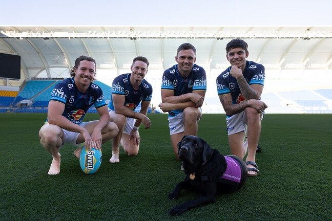 ADA ambassador dog Tonic alongside Tom Weaver, Sam Verrills, Chris Randall and Jayden Campbell.