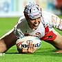 St Helens stand-off George Whitby scores his third try against Catalans Dragons