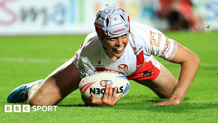 St Helens stand-off George Whitby scores his third try against Catalans Dragons