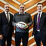 New Perth Bears coach Mal Meninga with NRL CEO Andrew Abdo and the WA-based franchise's CEO Anthony De Ceglie.