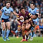 Josh Papalii with the ball for Queensland in Game Three, 2022.