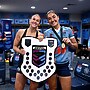 Jaime Chapman celebrates the Blues 2025 Origin success with Olivia Kernick.