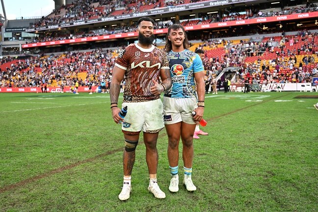 Brothers Payne Haas and Klese Haas after the Titans claimed a in win Round 12 last year.