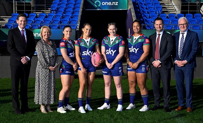 Left to right: Harvey Norman chief operating officer John Slack-Smith, Harvey Norman general manager sponsorship Samantha Waters, Michaela Brake, Tyra Wetere, Emily Curtain, Harata Butler, Harvey Norman general manager electrical Emmanuel Hohlastos, Harvey Norman general computers, mobile and technology division Paul Keenihan.
