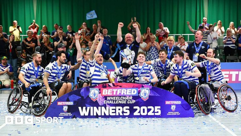 Halifax Panthers wheelchair rugby team celebrate their Challenge Cup victory
