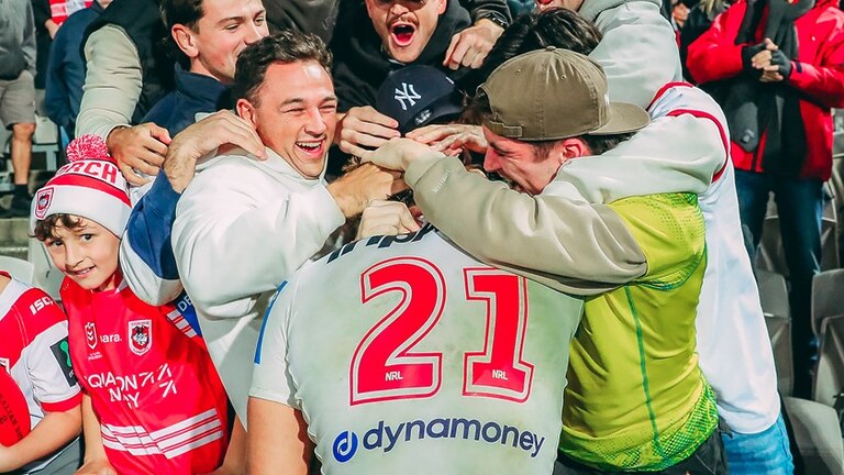 Nathan Lawson greets his friends and family after securing a debut win at Kogarah.