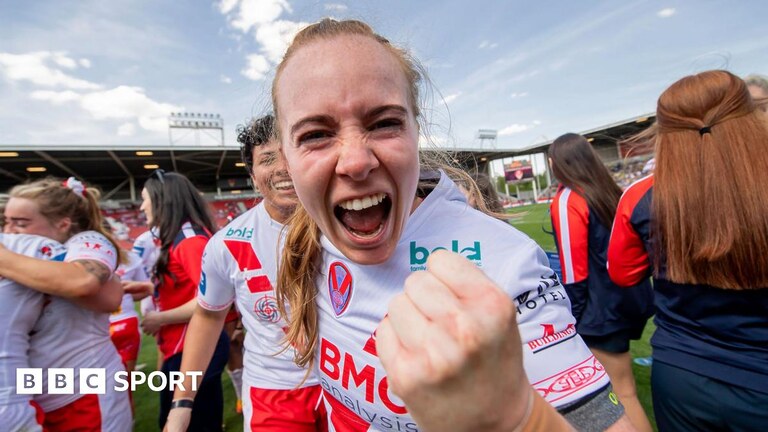 St Helens winger Dani McGifford roars happily into the camera with a fist punching the air in delight after a Challenge Cup semi-final win over York