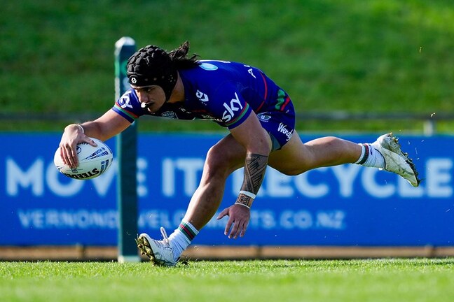Try time for One New Zealand Warriors centre Caelys Putoko in Jersey Flegg Cup win over the Bulldogs in Pukekohe.