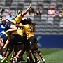 PNG Orchids players celebrate a try by captain Elsie Albert in the Pacific Cup play-off game against Samoa.
