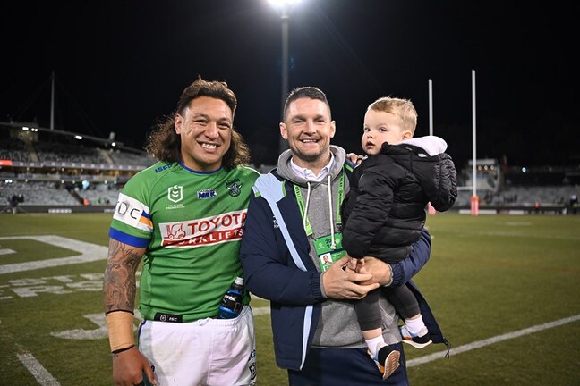 Josh Papalii with Jarrod Croker - the namesake who Jason Croker previously thought was going to break his appearance record for the Raiders.