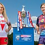 Picture by Allan McKenzie/SWpix.com - 02/06/2025 - Rugby League - Betfred Challenge Cup Final Preview - Oulton Hall, Rothwell, England - St Helens' Jodie Cunningham & Wigan's Vicky Molyneux with the Women's Betfred Challenge Cup trophy.