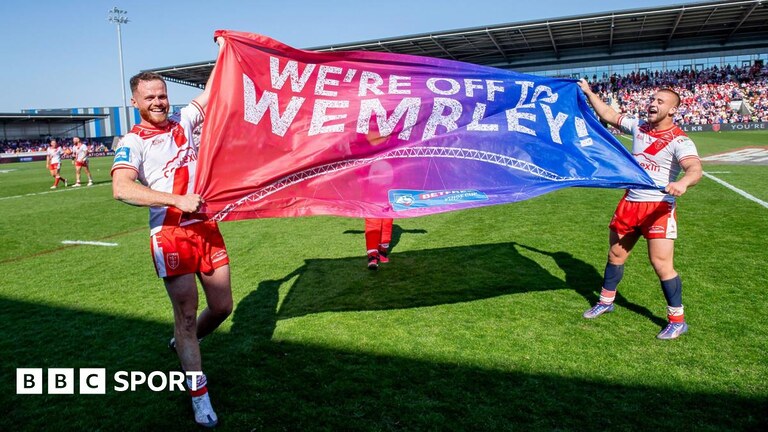 James Batchelor is embraced by a large number of his Hull KR teammates following a try in the Challenge Cup semi-final against Catalans