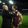 Cameron Munster is congratulated by Rugby League Immortal Wally Lewis, the most famous Maroon to wear the No.6 jersey.