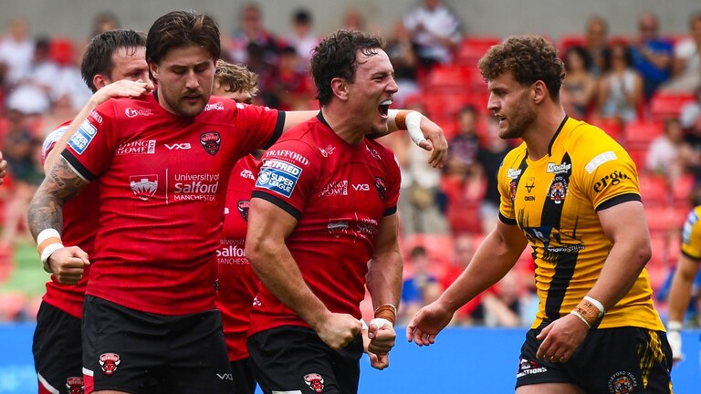 Harvey Wilson of Salford celebrating his try [Olly Hassell/SWpix.com]