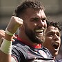 St Helens' Kyle Feldt celebrates scoring a try against Hull FC