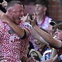 Leigh Leopards' Josh Charnley celebrates scoring his side's sixth try of the game